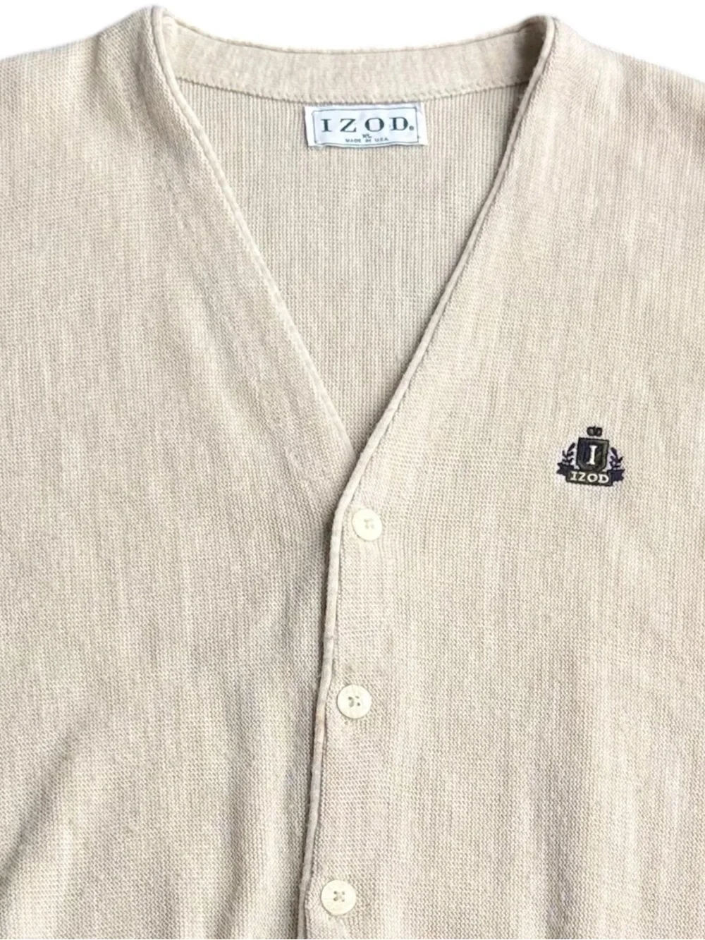 Vintage IZOD Cardigan Sweater Mens XL Beige Made in USA Acrylic Knit Preppy Logo